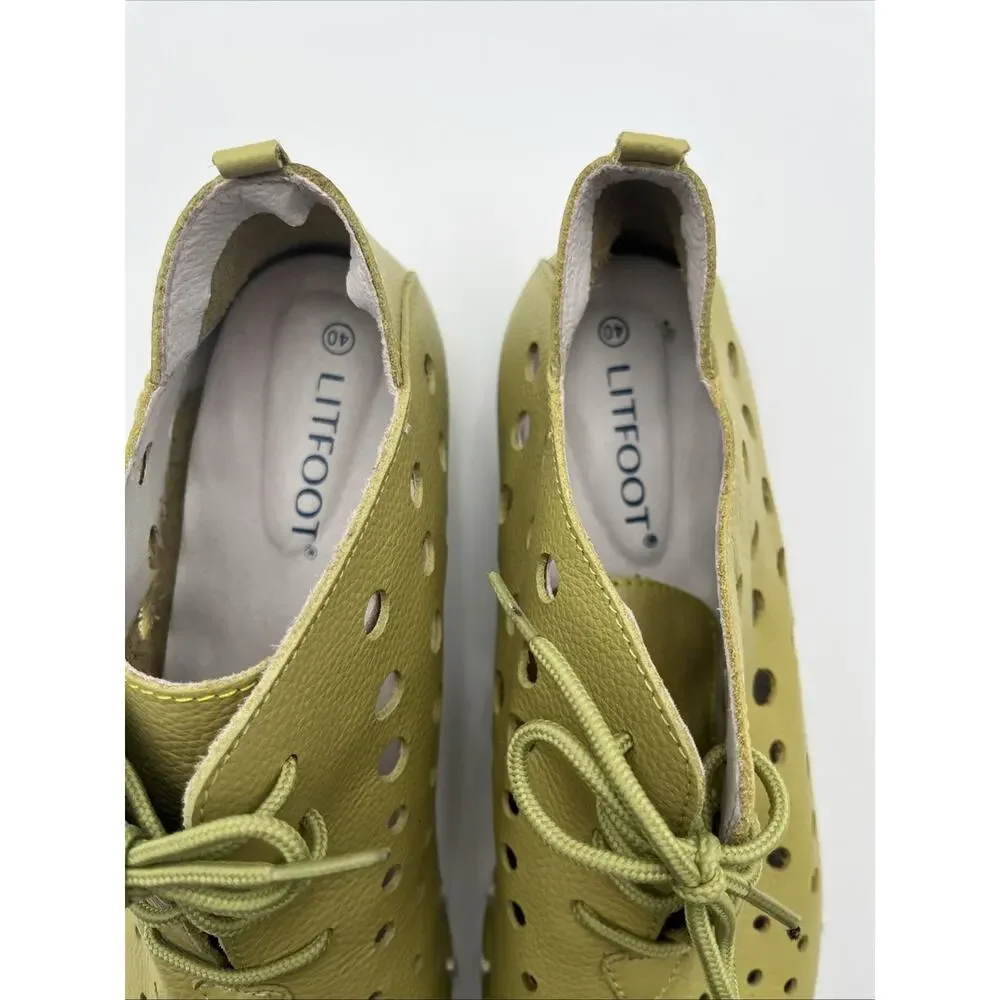 Litfoot Womens Oxford GREEN Leather Perforated Shoes Size 40 US 9-9 1/2
